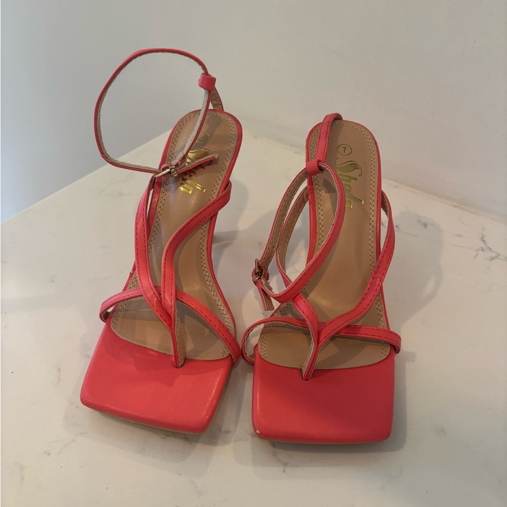Coral Square Toe Pink Strappy Heels 7.5